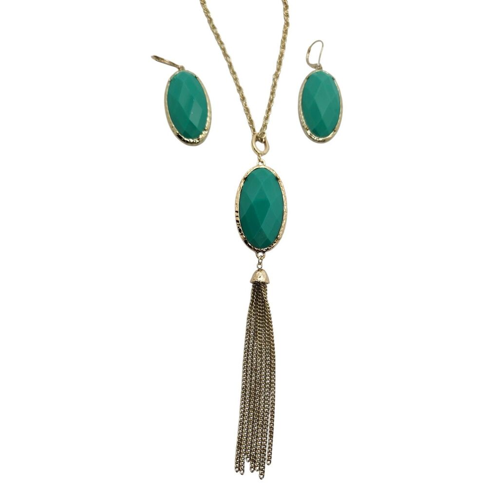 Premier Designs Cece Reversible Gold Toned Blue Green Stones Necklace & Earrings